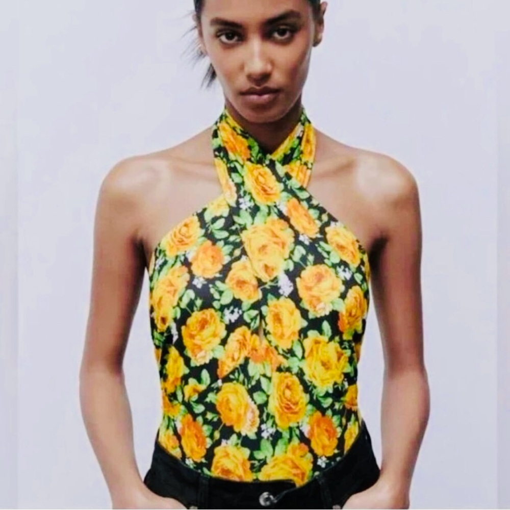 NWT Zara Criss Cross Floral Halter Neck Bodysuit Top Spring Summer M